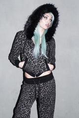 Zebra Print Fur Trim Cropped Hoodie