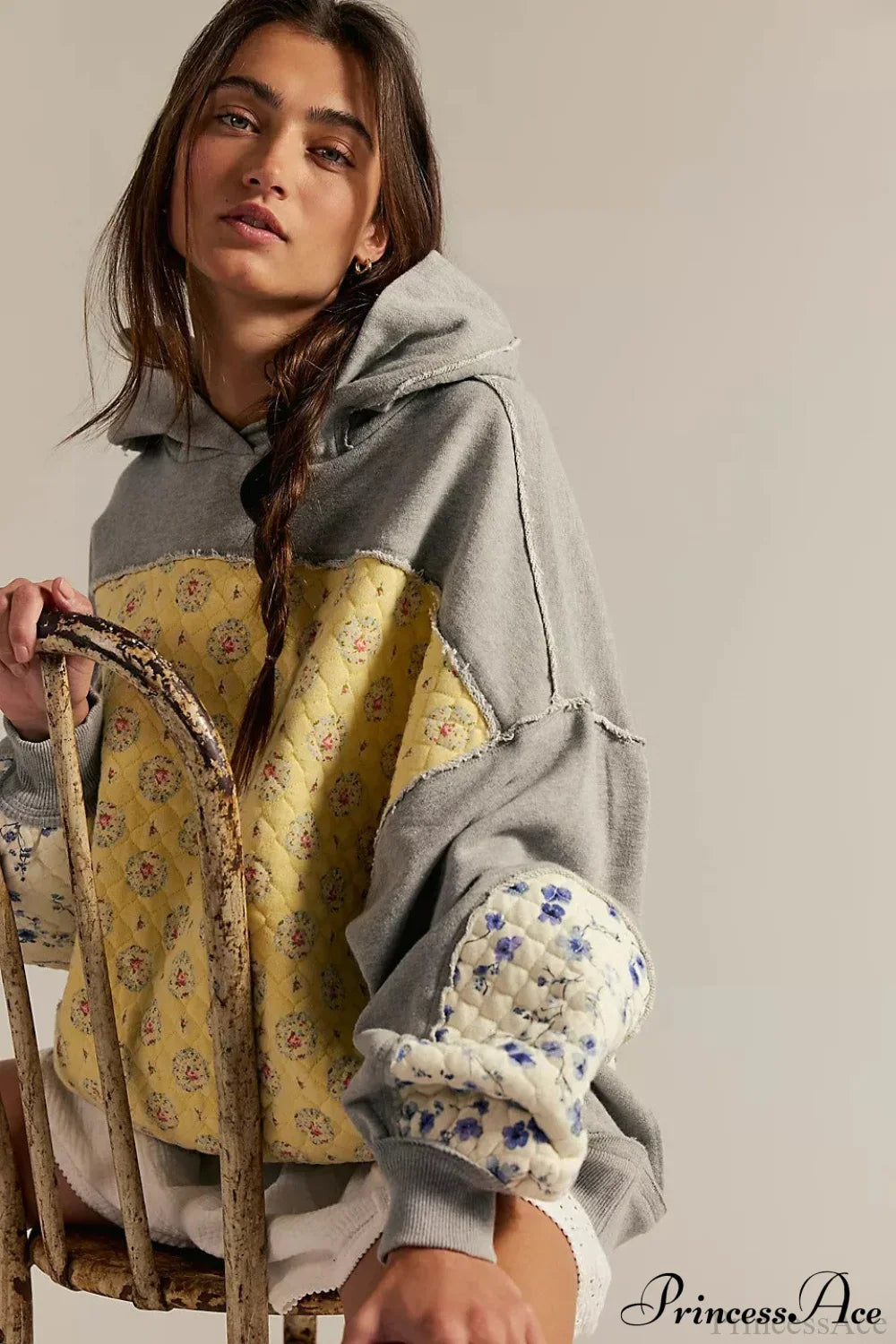 Embroidered Panel Design Casual Pullover Hoodie Grey / S