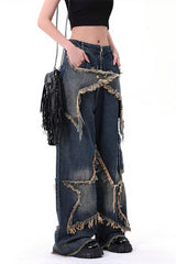 Studded Star Raw Hem Wide Leg Jeans