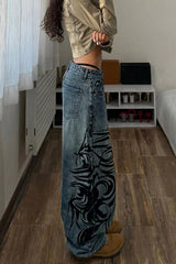 Tribal Graffiti Washed Wide Leg Jeans