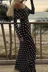 Off Shoulder Mesh Polka Dot Maxi Dress