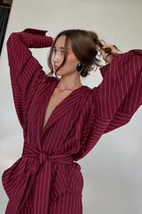 Shirt Style Striped V-Neck Tie Fitted Waist Maxi Dress