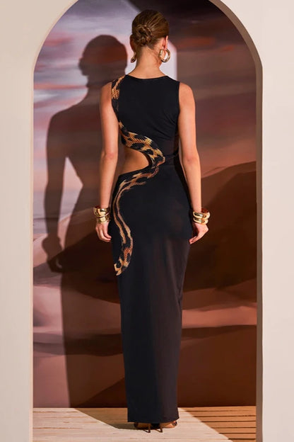 Snake Print Hollow Out Midi Dress