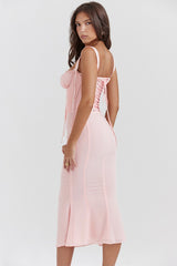 Pink Spaghetti Strap Backless Midi Dress
