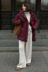 Wine Red Belted Hooded Puffer Coat
