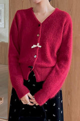 V Neck Bow Detail Button Christmas Cardigan