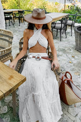 High Waist Lace Tiered A Line Boho Skirt
