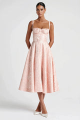 Floral Jacquard Lace Up Maxi Dress