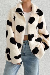 Fuzzy Heart Print Oversized Long Sleeve Zip Christmas Outerwear