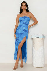 Strapless Printed Ruched Midi Dress