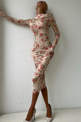 Asymmetrical Neck Ruched Midi Dress