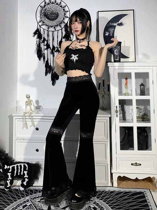 Mall Goth High Waist Flared Lace Patchwork Pant