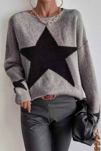 Crew Neck Star Long Sleeve Knitted Sweater