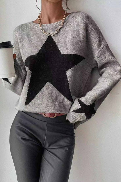 Crew Neck Star Long Sleeve Knitted Sweater