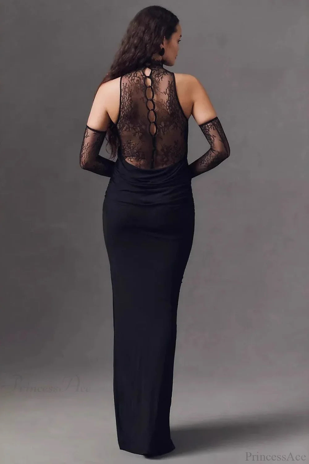 Halter Lace Paneled Deep V Ruched Wedding Dress