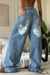 Heart Distressed Low Waist Wide Leg Straight Jeans Blue / S