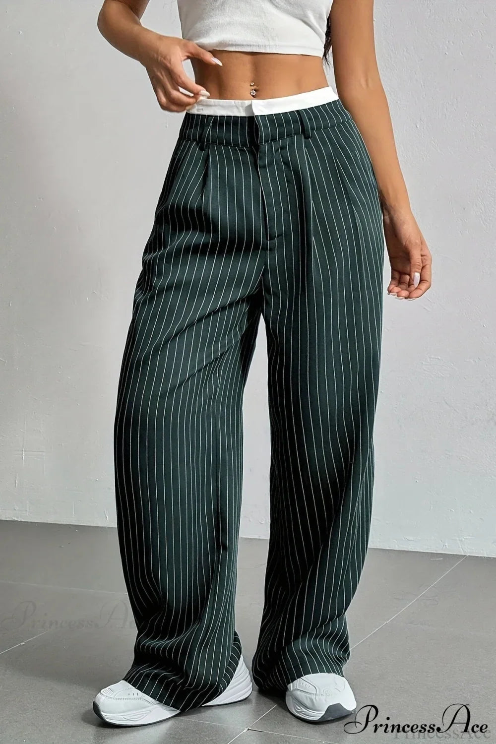 High Waist Patchwork Drapey Straight Leg Pants Dark Green / S