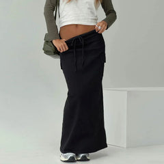 Y2K Cargo Drawstring Bodycon Slit Maxi Skirt Black / S