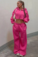 Hooded Zipper Cropped Slim Fit Casual Two Piece Set