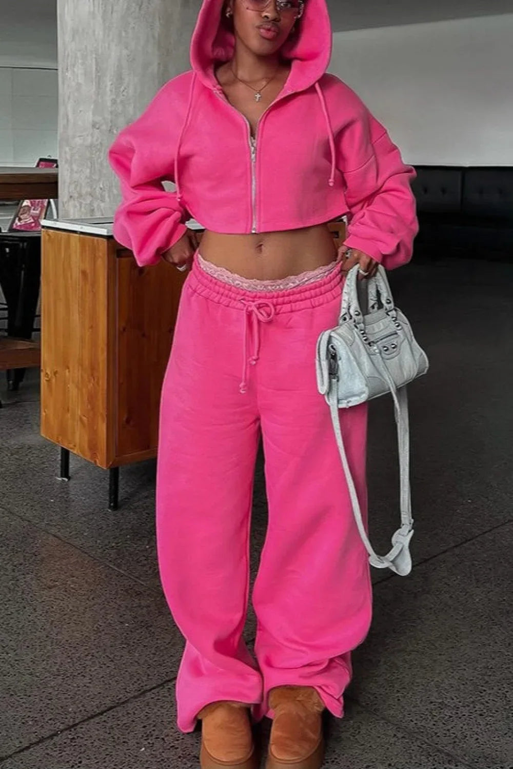 Hooded Zipper Cropped Slim Fit Casual Two Piece Set