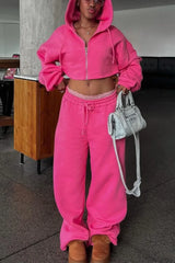 Hooded Zipper Cropped Slim Fit Casual Two Piece Set