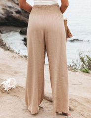 Smocked Waist Side-seam Wide Leg Linen Pants