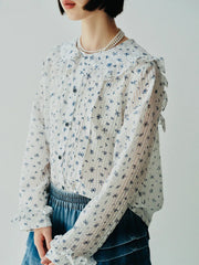 Japanese Floral Navy Collar Long Sleeve Shirt white / S blouse-250126