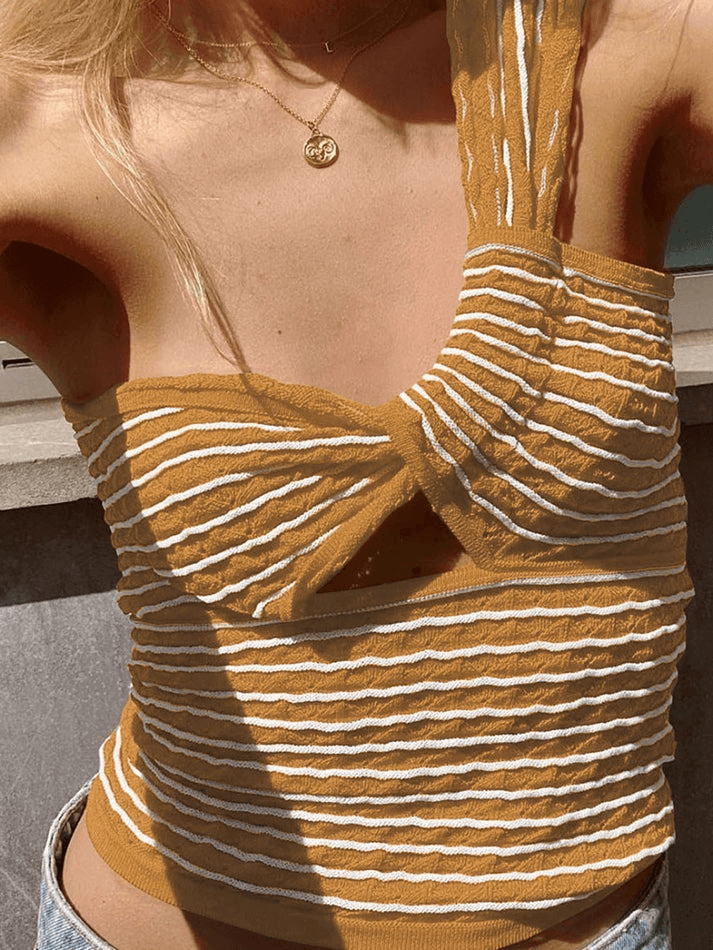 Knitted Stripe One Shoulder Tank Top Green / S Tops&Tees
