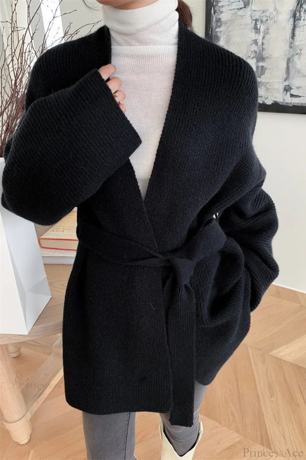 Lazy-Style Oversized Belted Knit Cardigan Black / One Size