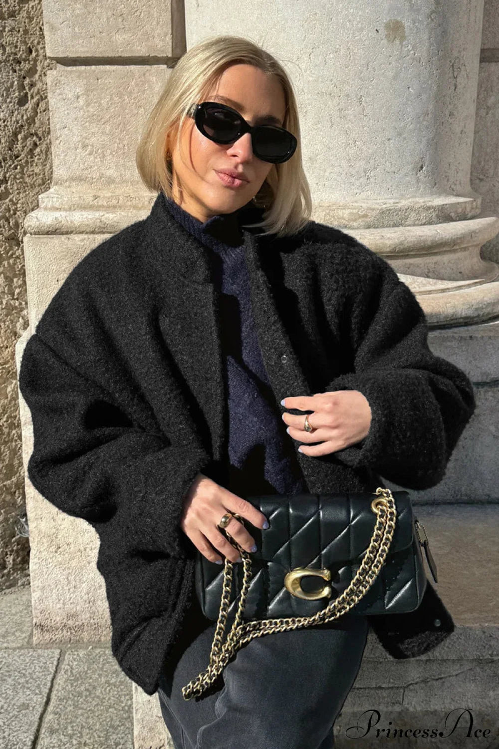 Loose Stand Collar Textured Wool Casual Coat