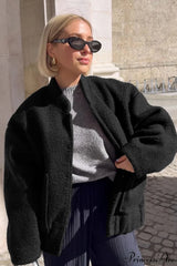 Loose Stand Collar Textured Wool Casual Coat Black / S