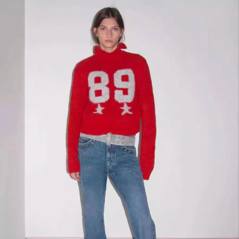 Red Wool Blend Knitted Crochet Letter Lapel Casual Christmas Sweater Sweaters-L