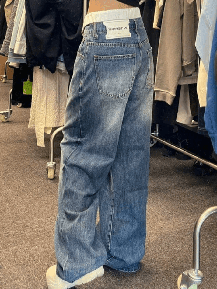 Patchwork Waist High Rise Boyfriend Jeans Jeans