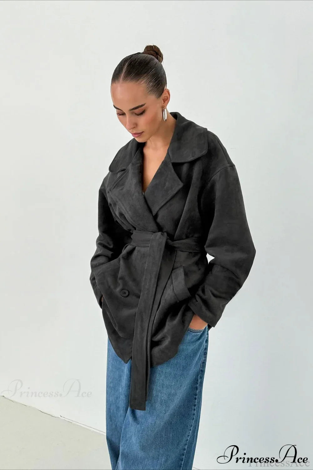 Retro Brown Suede Jacket Tied Coat Grey / S