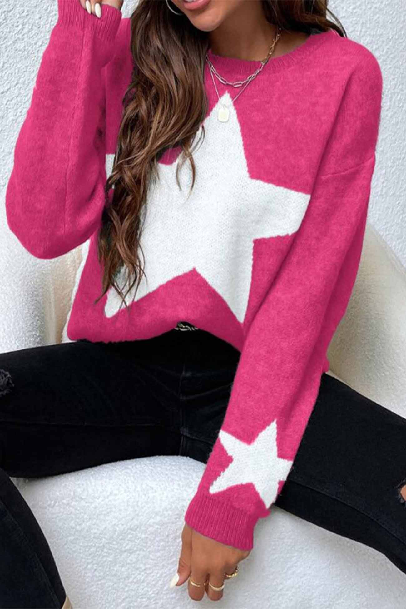 Crew Neck Star Long Sleeve Knitted Sweater