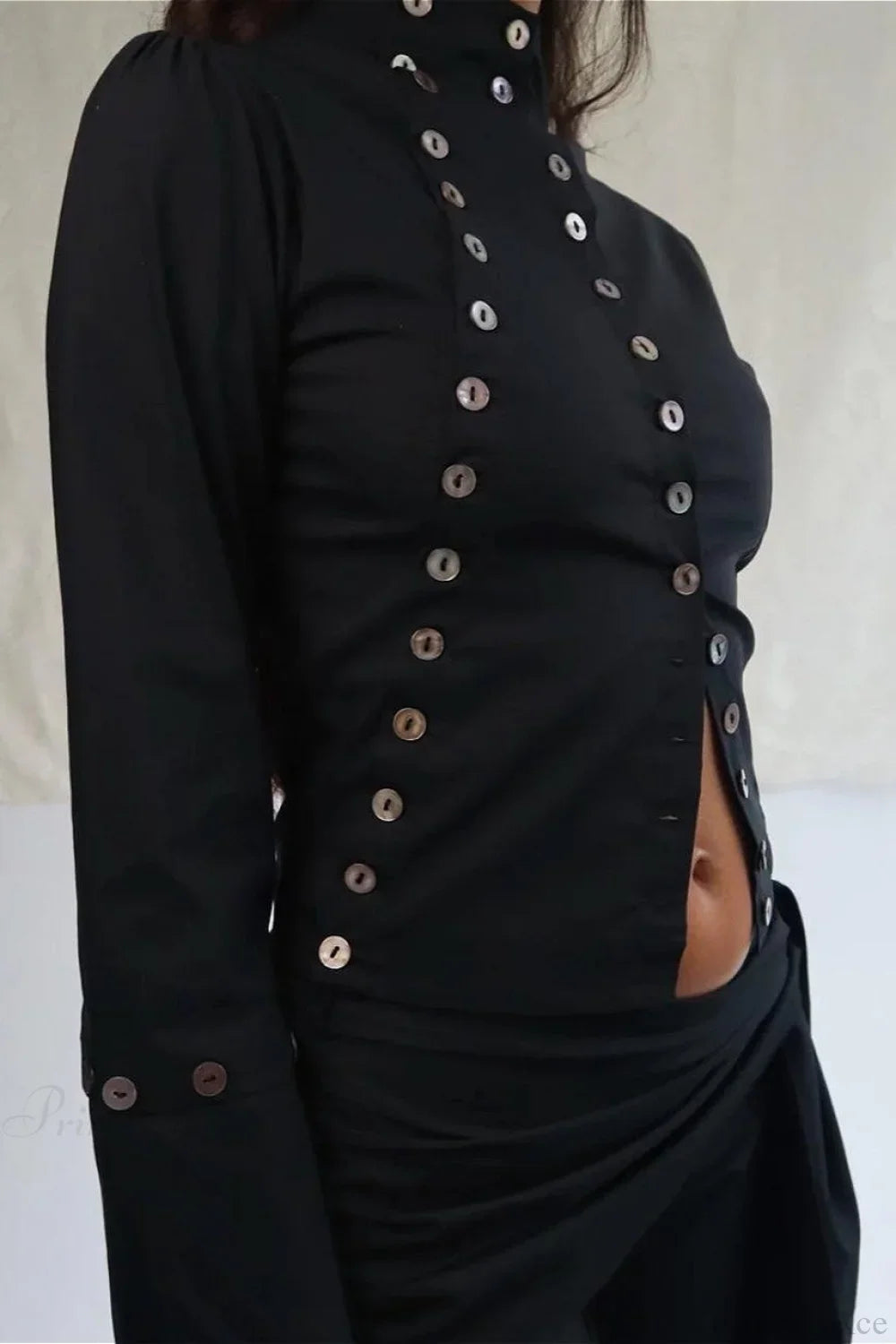 Sexy Solid Button Slim Round Neck Long Sleeve Blouse Black / S