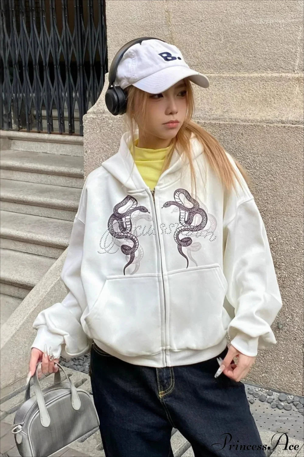 Snake Print Rhinestone Zip Up Cropped Hoodie