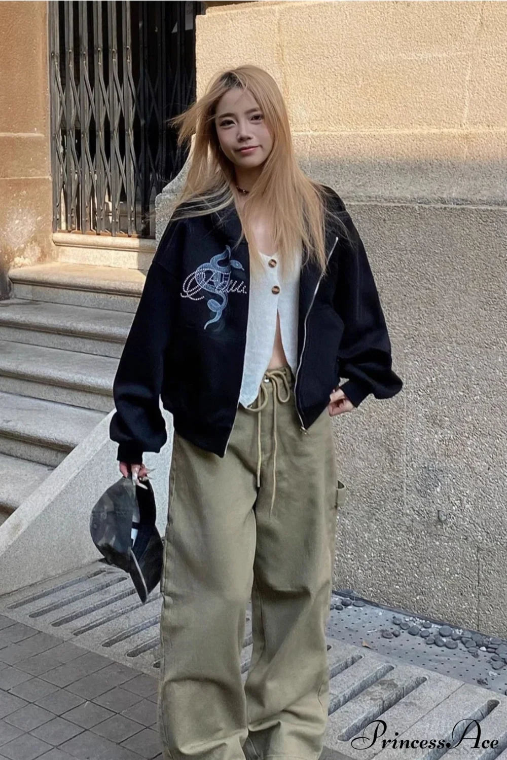 Snake Print Rhinestone Zip Up Cropped Hoodie