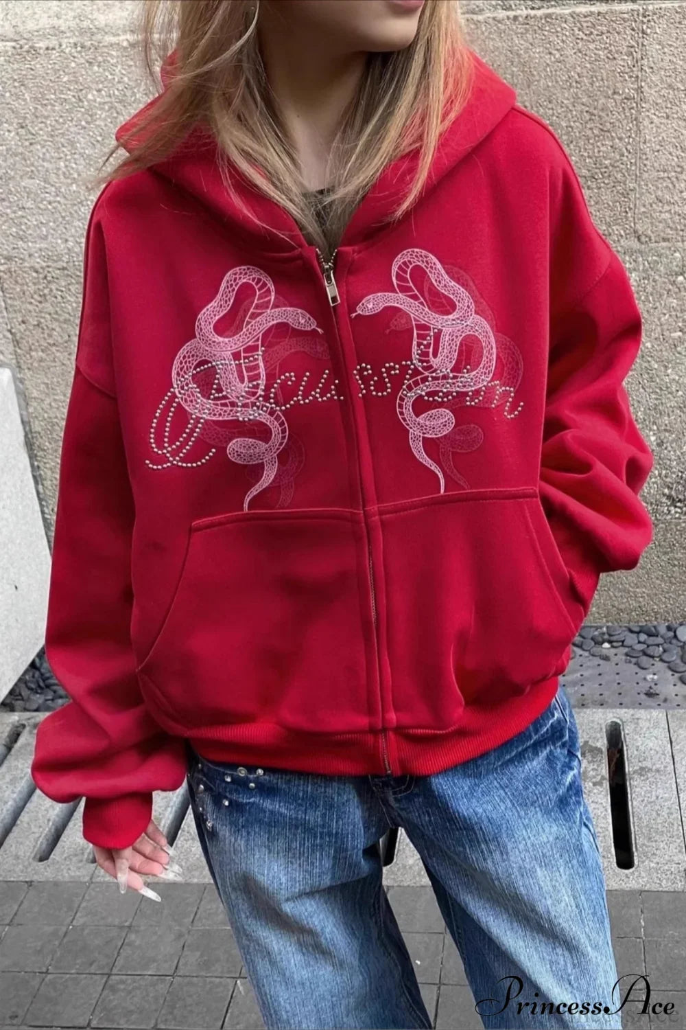 Snake Print Rhinestone Zip Up Cropped Hoodie Red / M