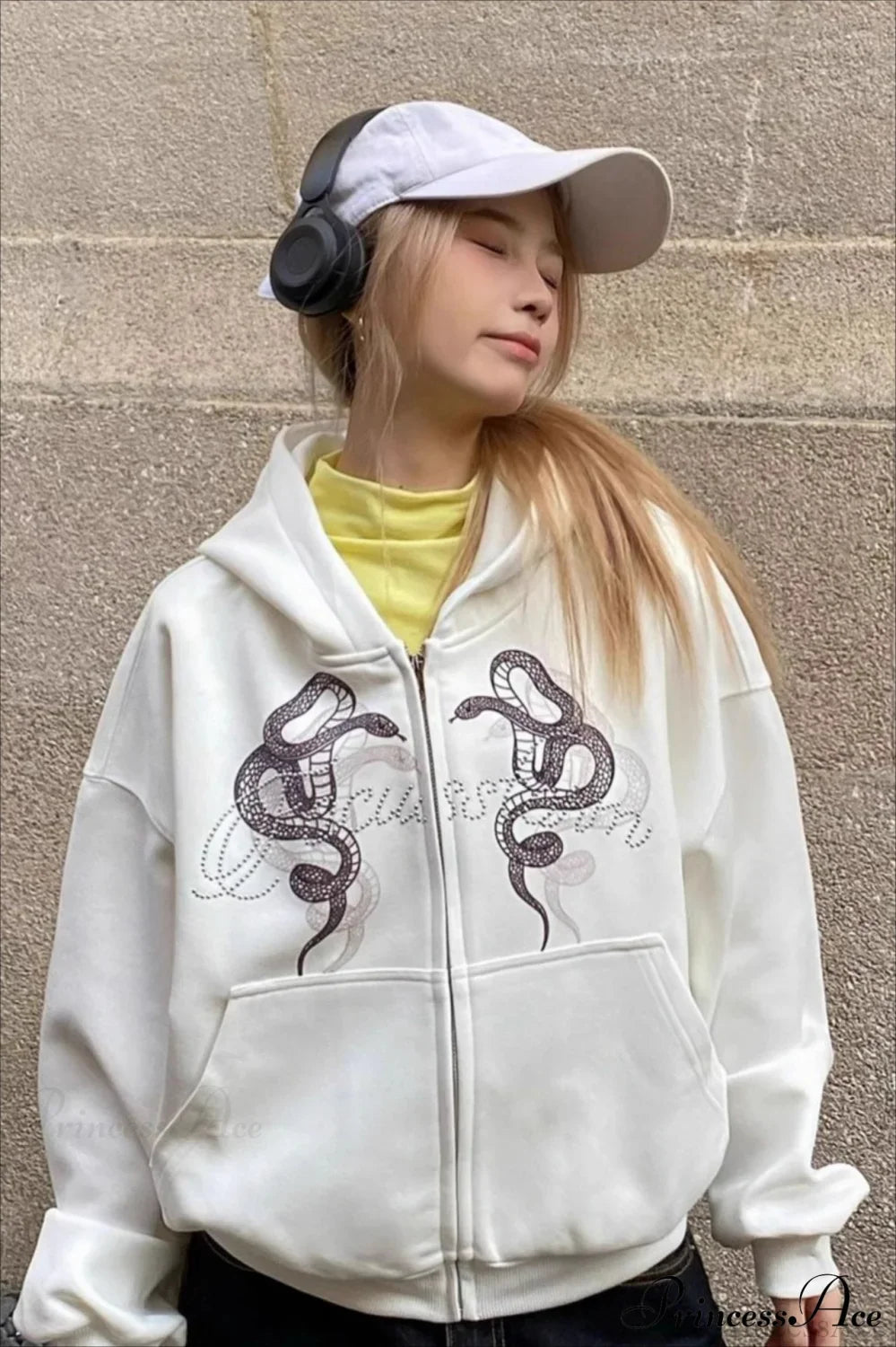 Snake Print Rhinestone Zip Up Cropped Hoodie White / M
