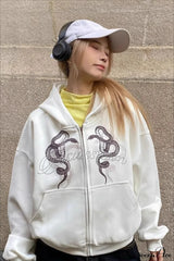 Snake Print Rhinestone Zip Up Cropped Hoodie White / M