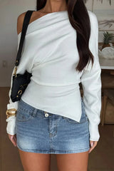Solid Fleece Off-shoulder Slim Long Sleeve Tee