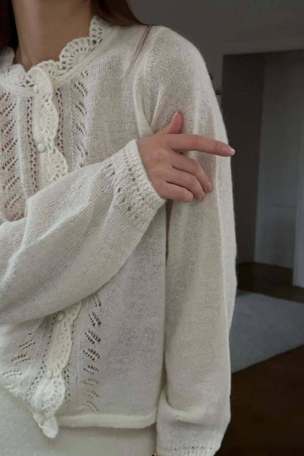 Solid Lace Cutout Knit Crew Neck Cardigan