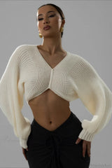 Stylish Sexy V-neck Cropped Sweater Off-white / XS