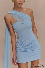 Tulle Sash Strapless Bodycon Party Dress Blue / S