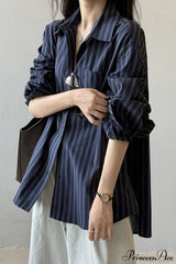 Vertical Stripe Long-Sleeve Cotton Loose Blouse