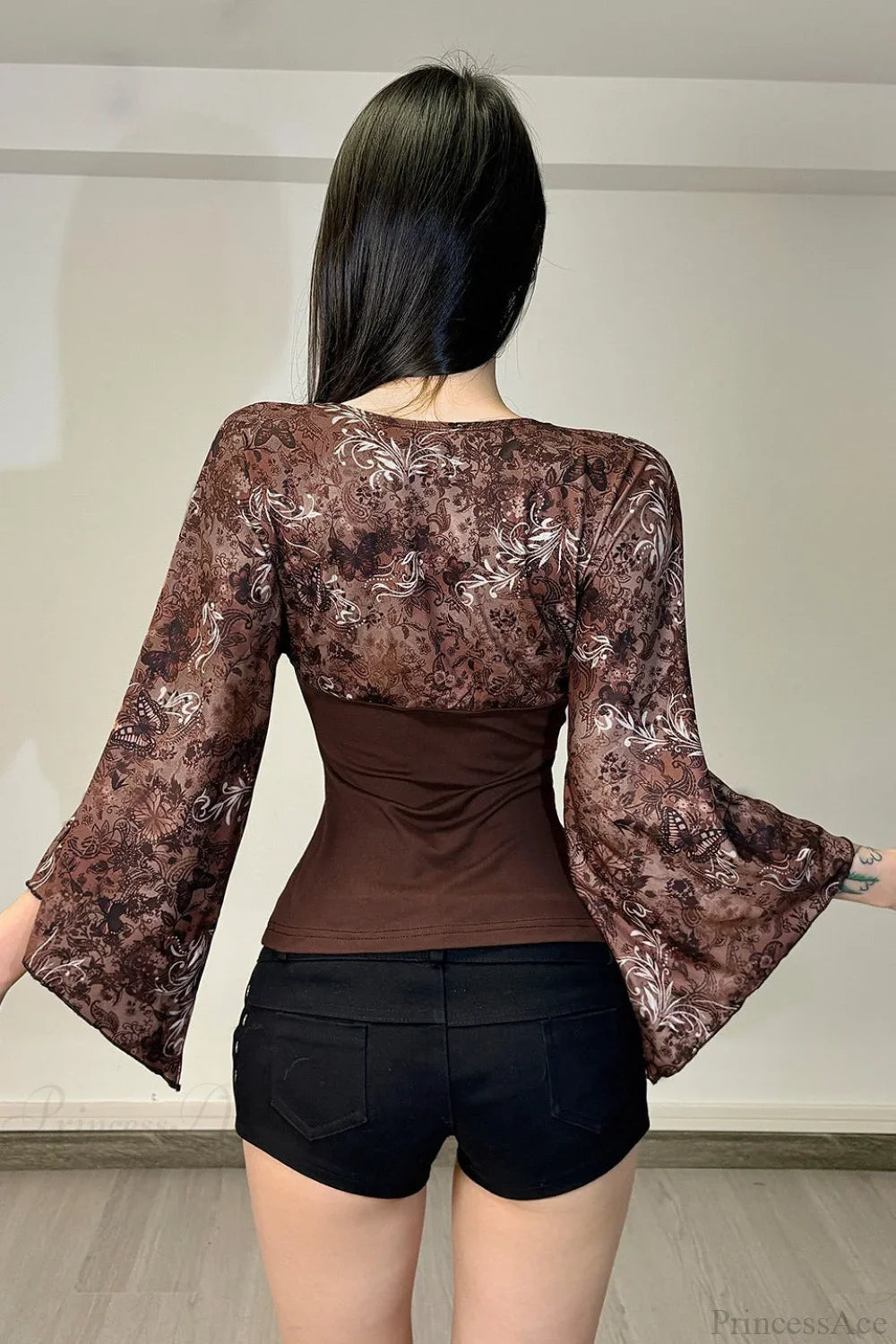 Vintage Floral Print V-neck Slim Sexy Long Sleeve Tee
