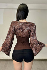Vintage Floral Print V-neck Slim Sexy Long Sleeve Tee