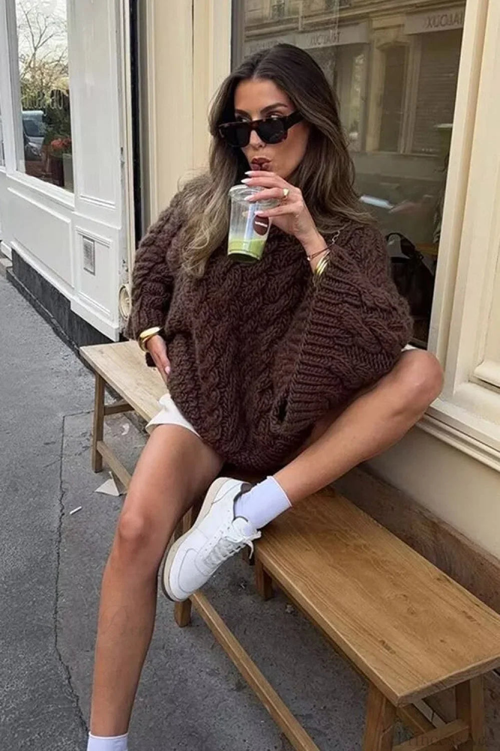 Vintage Loose Comfortable Crew Neck Wide Sleeve Cable Sweater