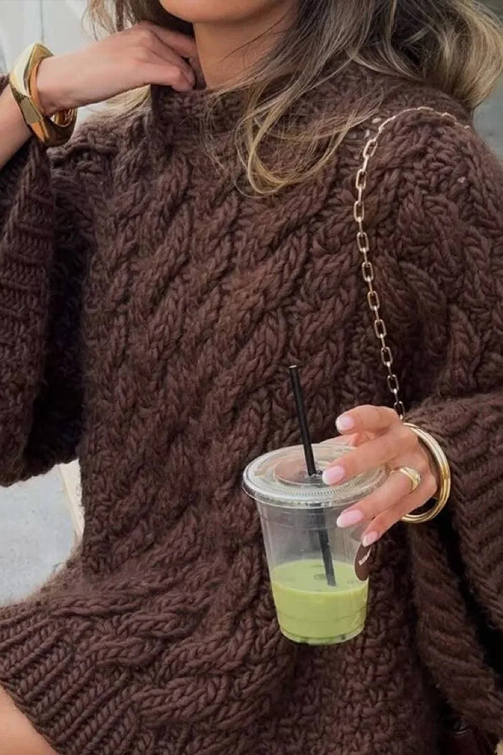 Vintage Loose Comfortable Crew Neck Wide Sleeve Cable Sweater